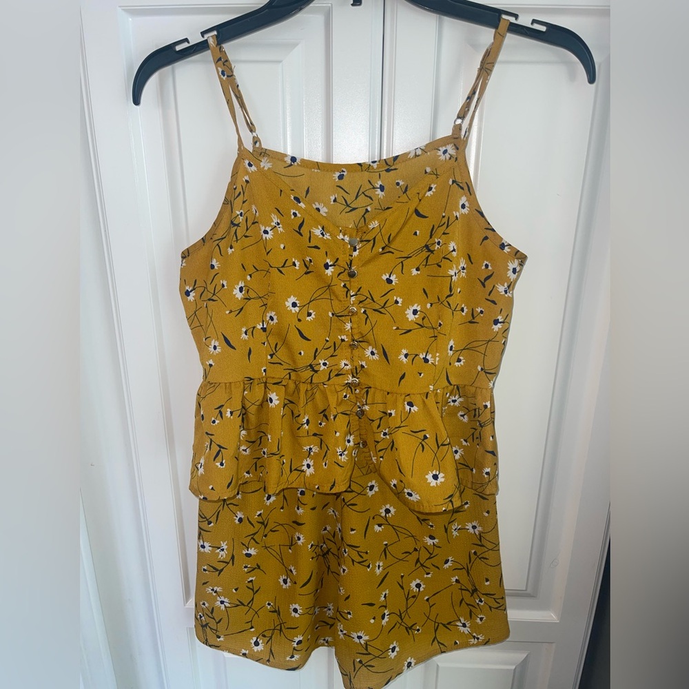 Girls 2 Piece Floral Short Outfit Mustard Yellow Navy‎ Blue sz L